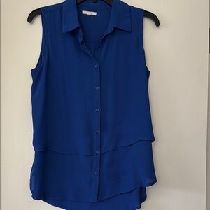 Pleione Blue Asymmetrical Notched Collar Blouse